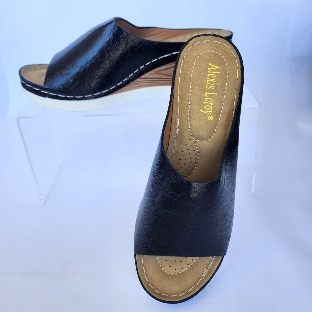 Alexis Leroy Black Wedge Sandals open Toe Black slip on sandals Size 37